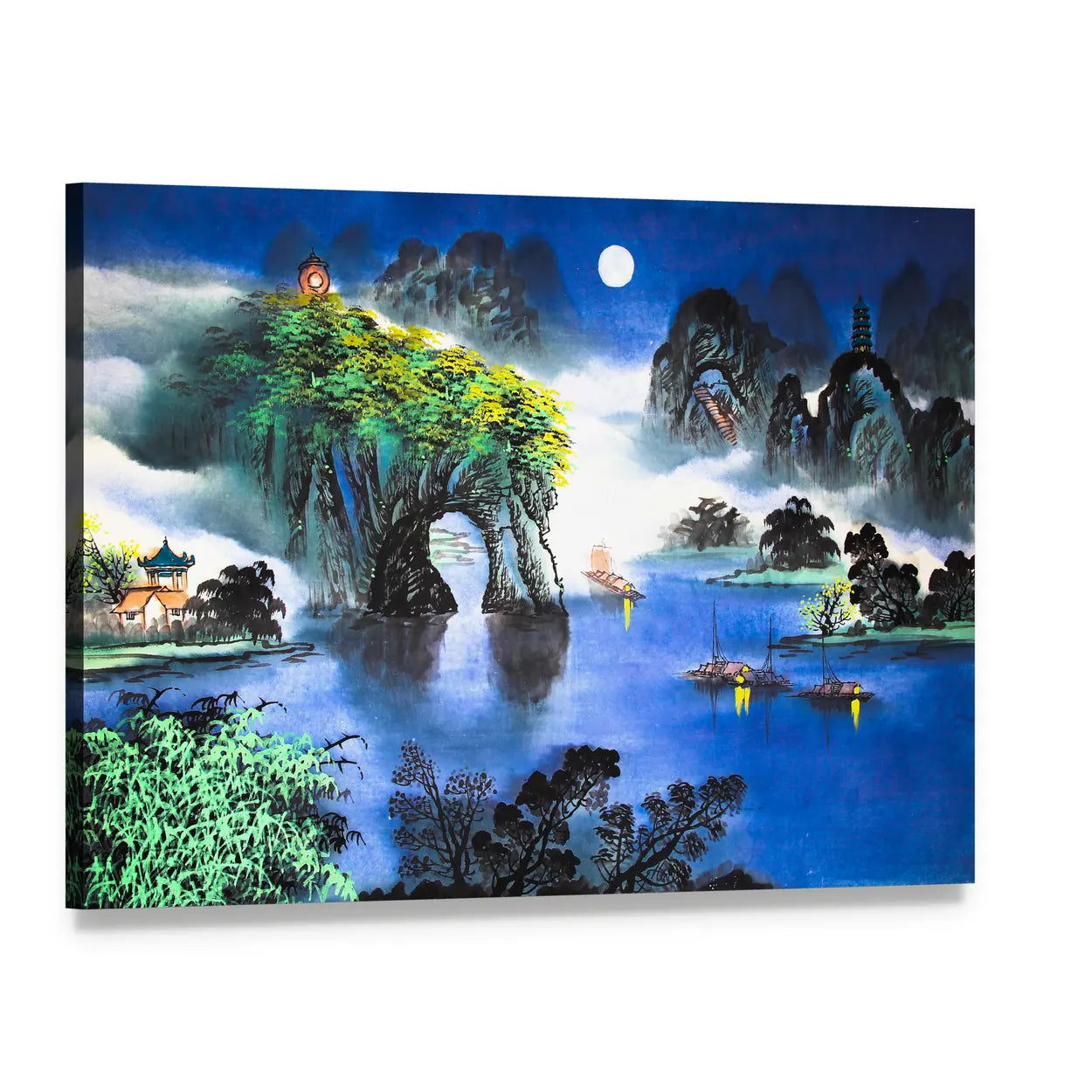 Moonlit Chinese Watercolor Landscape Canvas Wall Art, single panel gallery wrapped canvas, angled product view