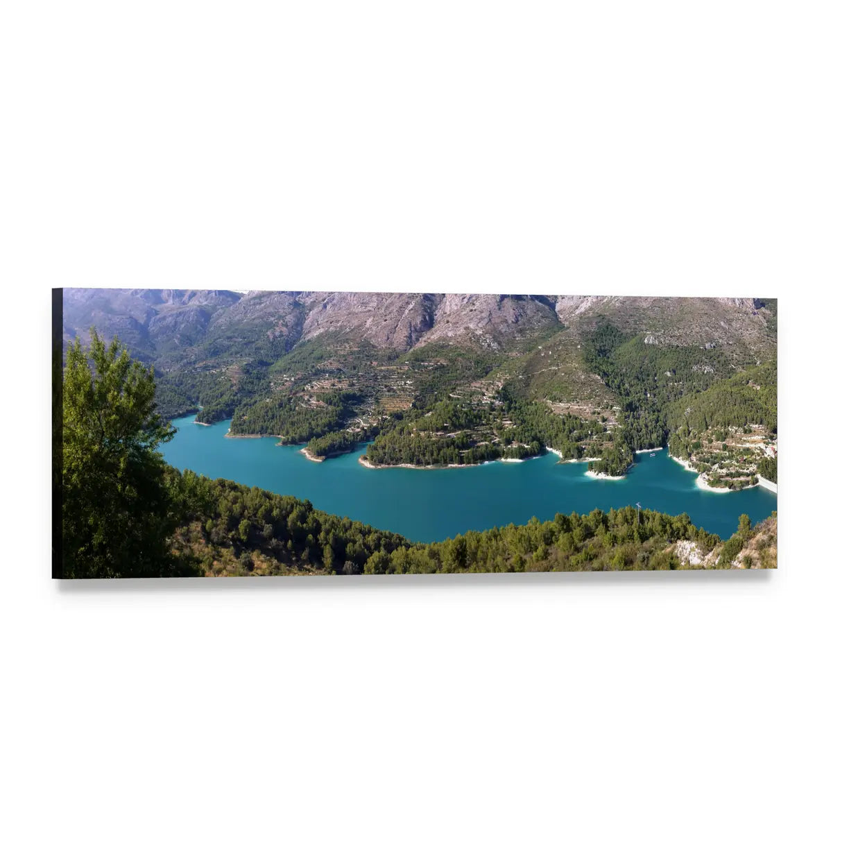 Guadalest Lake Landscape Panoramic Canvas Wall Art, single panel gallery wrapped canvas, angled product view