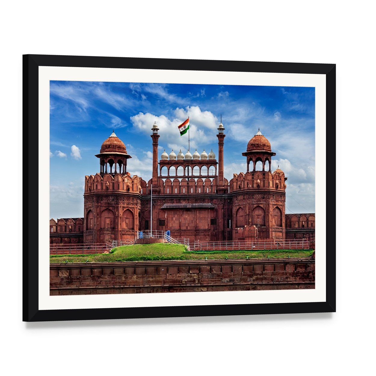 Lal Qila Red Fort, Delhi Canvas Wall Art, framed print with white mat and black frame, angled product view