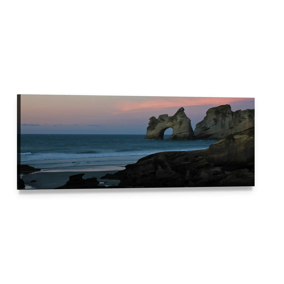 Wharariki Beach Sea Arch at Sunset Panoramic Canvas Wall Art, single panel gallery wrapped canvas, angled product view