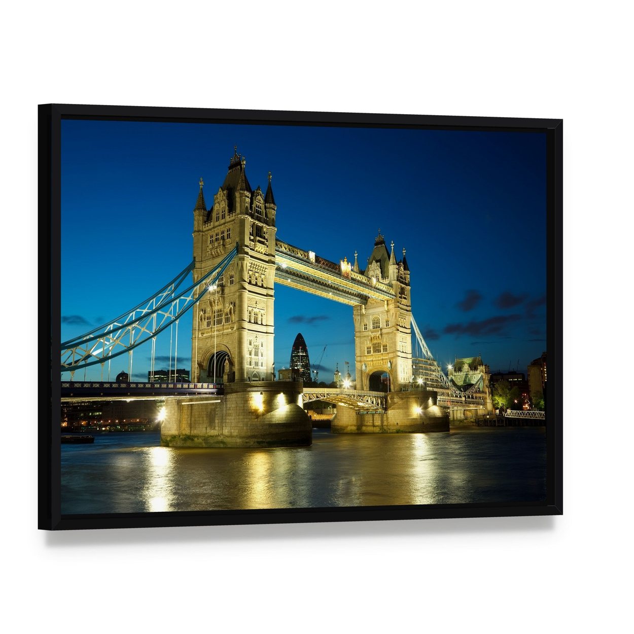 Tower Bridge at Dusk Canvas Wall Art, framed canvas in a black floater frame, angled product view