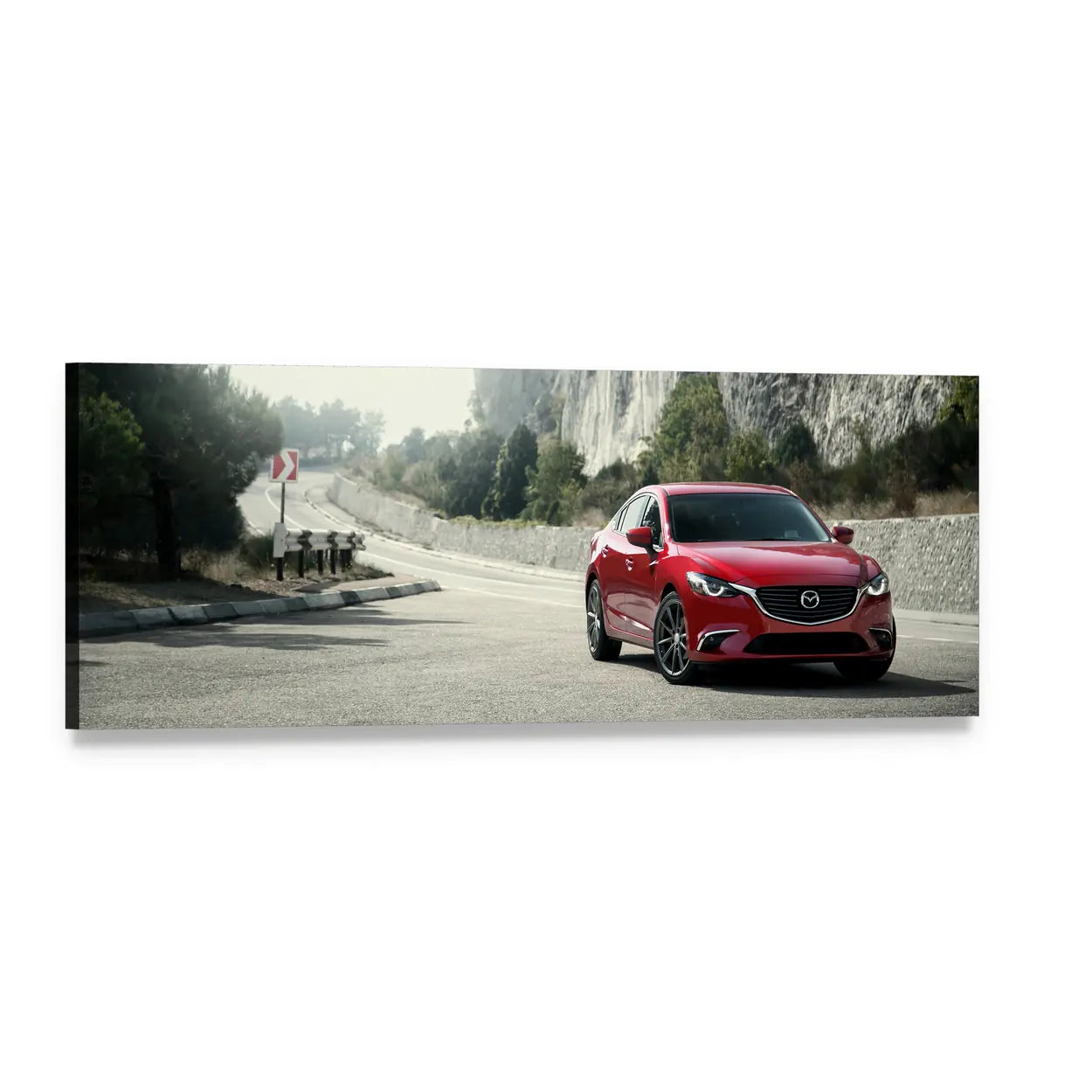 Red Mazda 6 on Mountain Road Panoramic Canvas Wall Art, single panel gallery wrapped canvas, angled product view