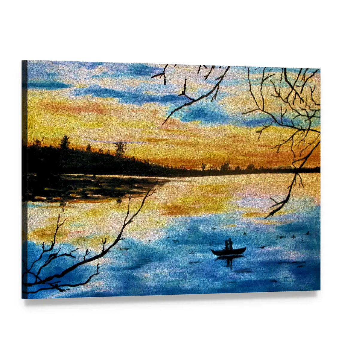 Lovers in a Boat at Sunset Canvas Wall Art, single panel gallery wrapped canvas, angled product view