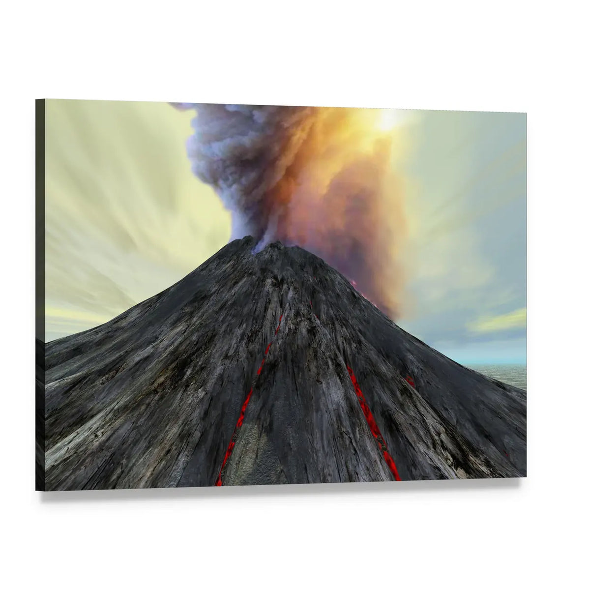 Active Volcano with Lava and Ash Canvas Wall Art, single panel gallery wrapped canvas, angled product view