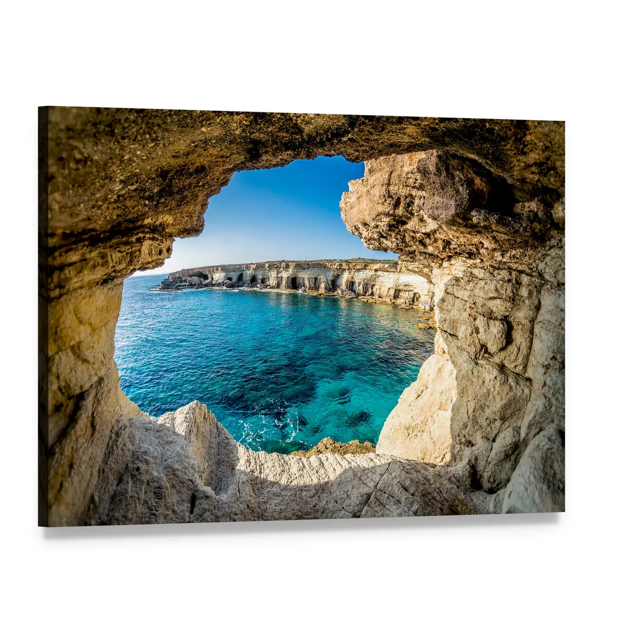 Sea Cave Framing Turquoise Ocean Canvas Wall Art, single panel gallery wrapped canvas, angled product view