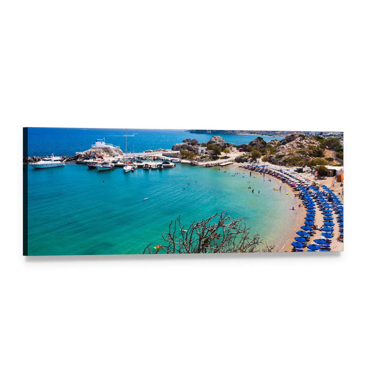 Kolymbia Beach Bay View Panoramic Canvas Wall Art, single panel gallery wrapped canvas, angled product view
