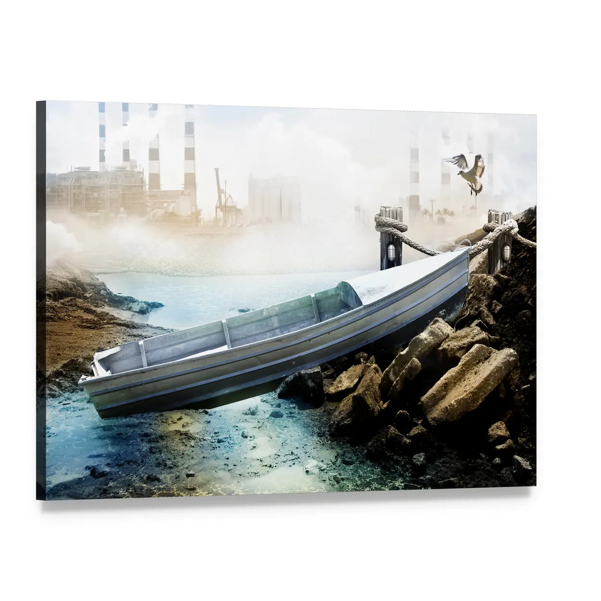 Weathered Boat at Industrial Shoreline Canvas Wall Art, single panel gallery wrapped canvas, angled product view