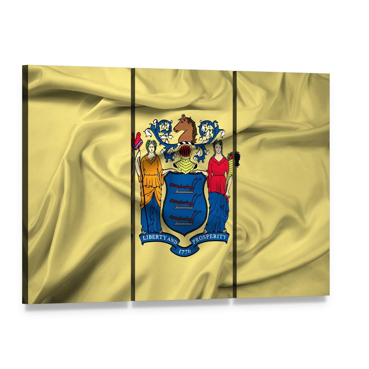 Waving New Jersey State Flag Canvas Wall Art, 3 panel 3 Horizontal layout gallery wrapped canvas set, angled product view