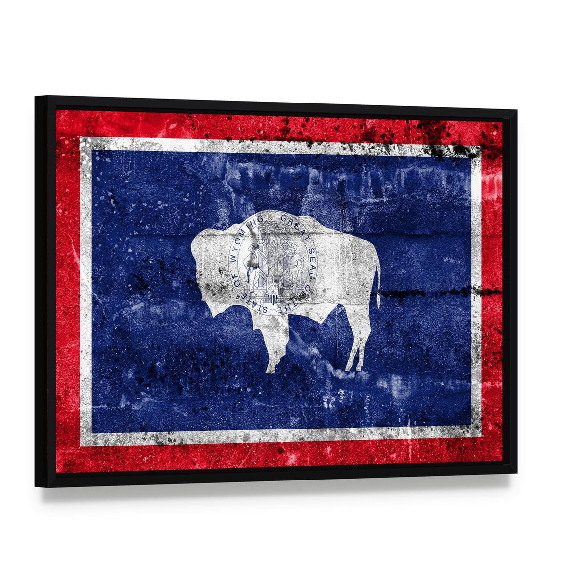 Wyoming State Flag with Bison Canvas Wall Art, framed canvas in a black floater frame, angled product view