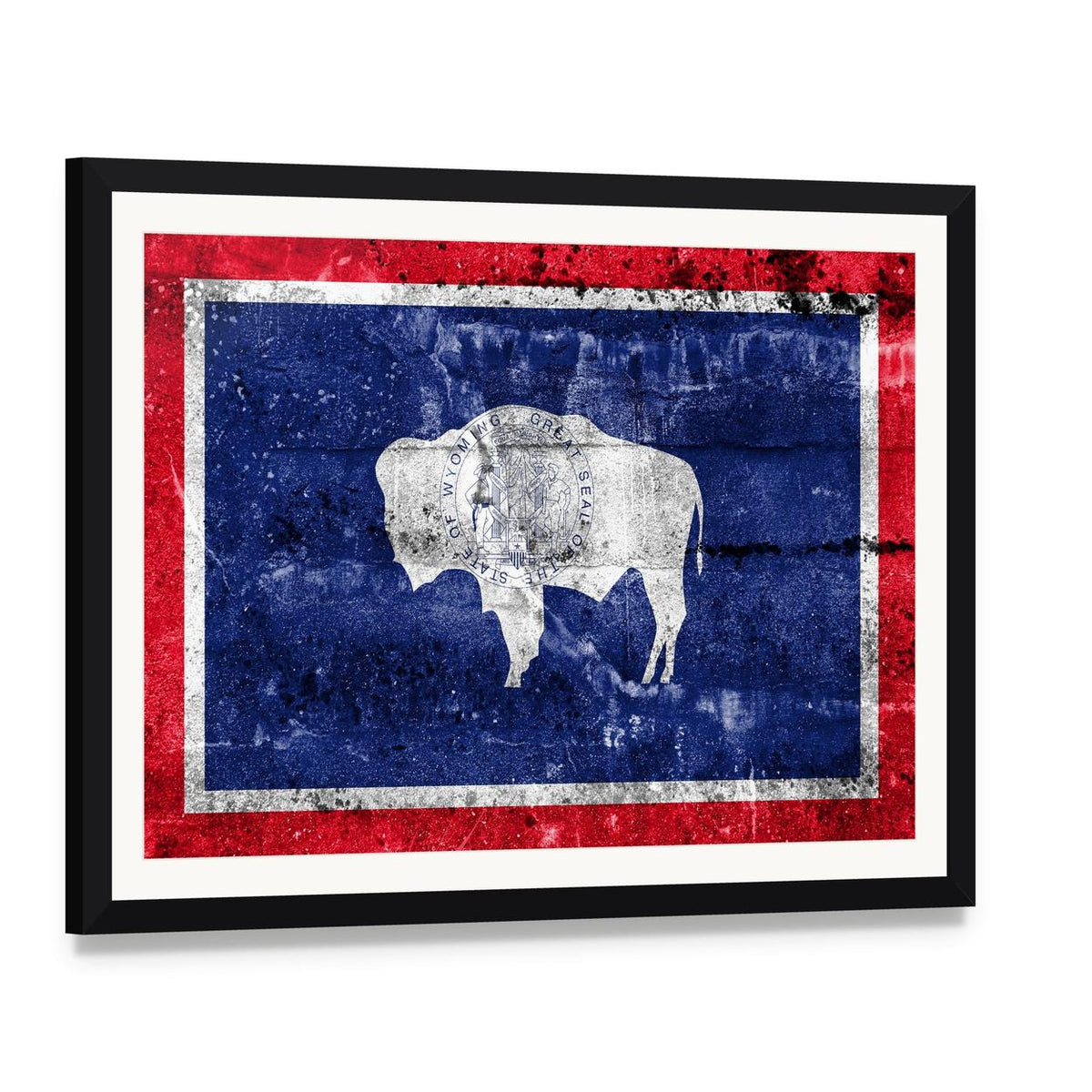 Wyoming State Flag with Bison Canvas Wall Art, framed print with white mat and black frame, angled product view