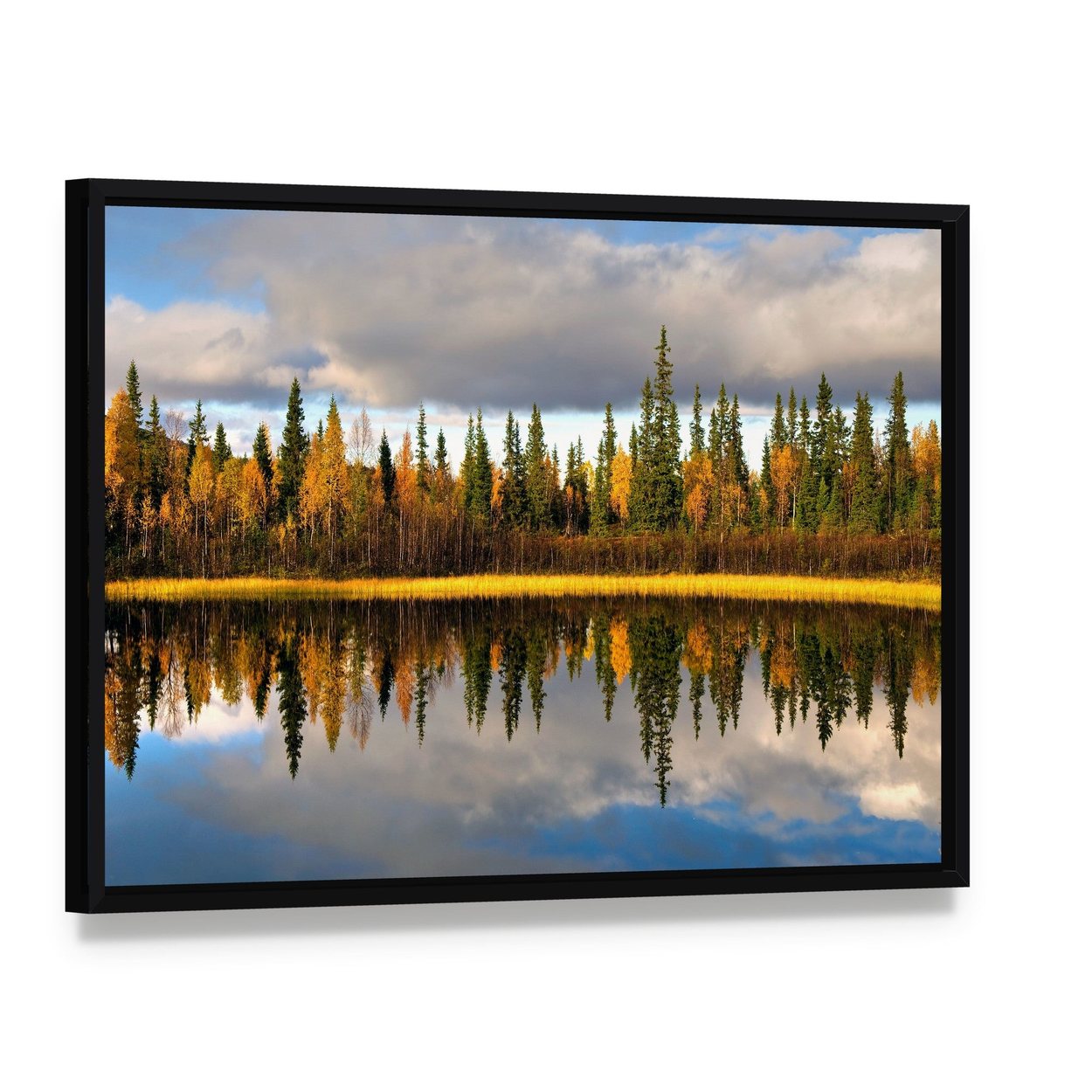 Rural Scandinavian Landscape Canvas Wall Art, framed canvas in a black floater frame, angled product view