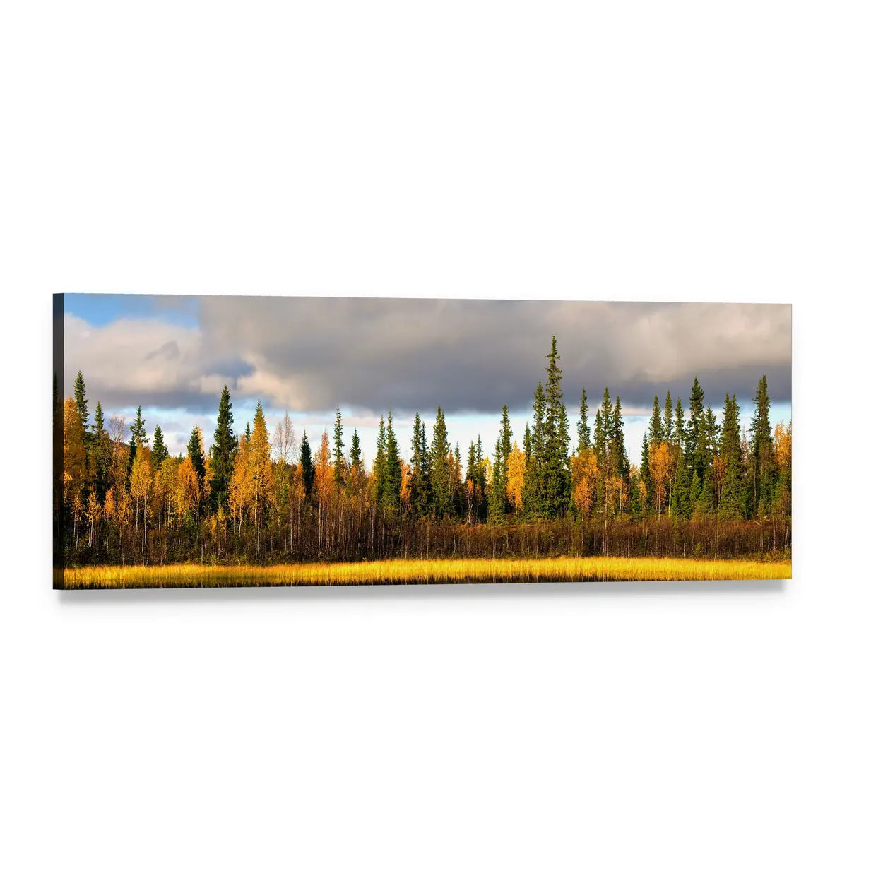 Scandinavian Autumn Landscape Panoramic Canvas Wall Art, single panel gallery wrapped canvas, angled product view