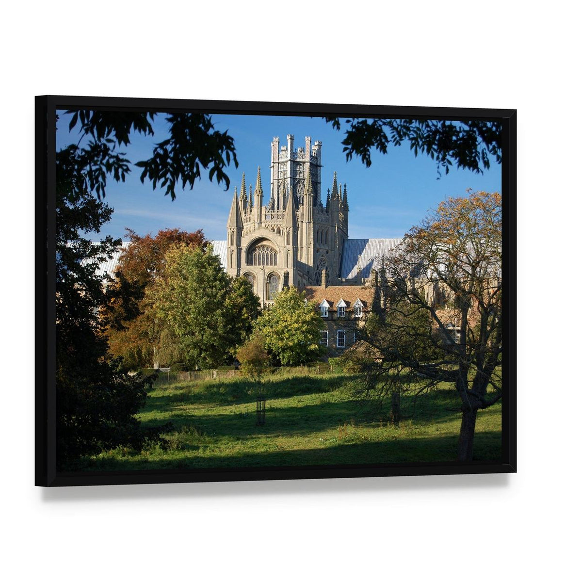 Ely Cathedral Cambridgeshire Canvas Wall Art, framed canvas in a black floater frame, angled product view