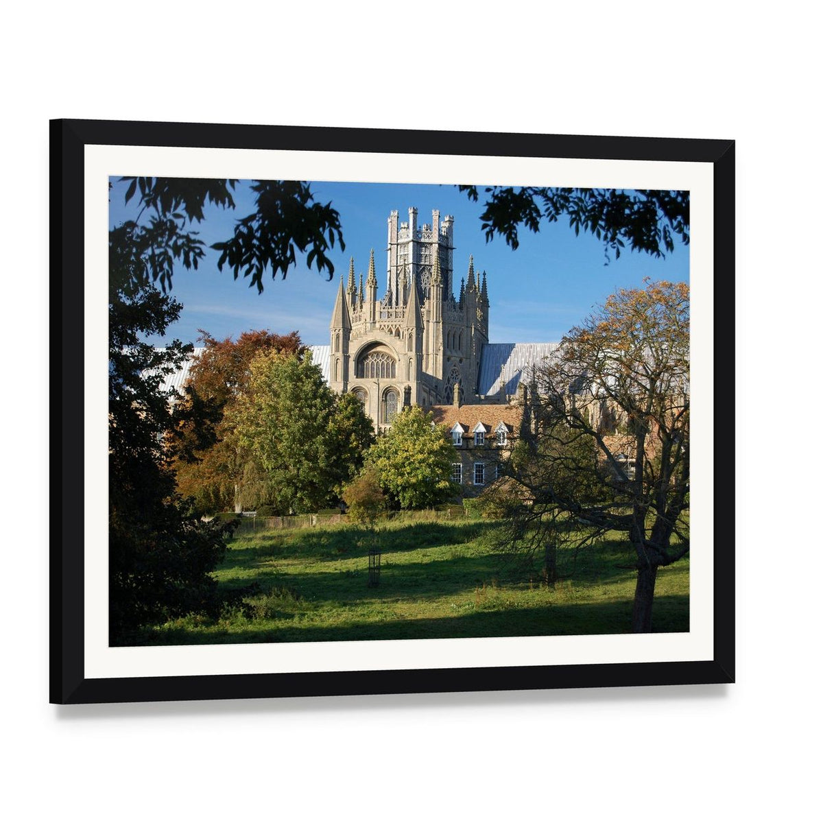 Ely Cathedral Cambridgeshire Canvas Wall Art, framed print with white mat and black frame, angled product view