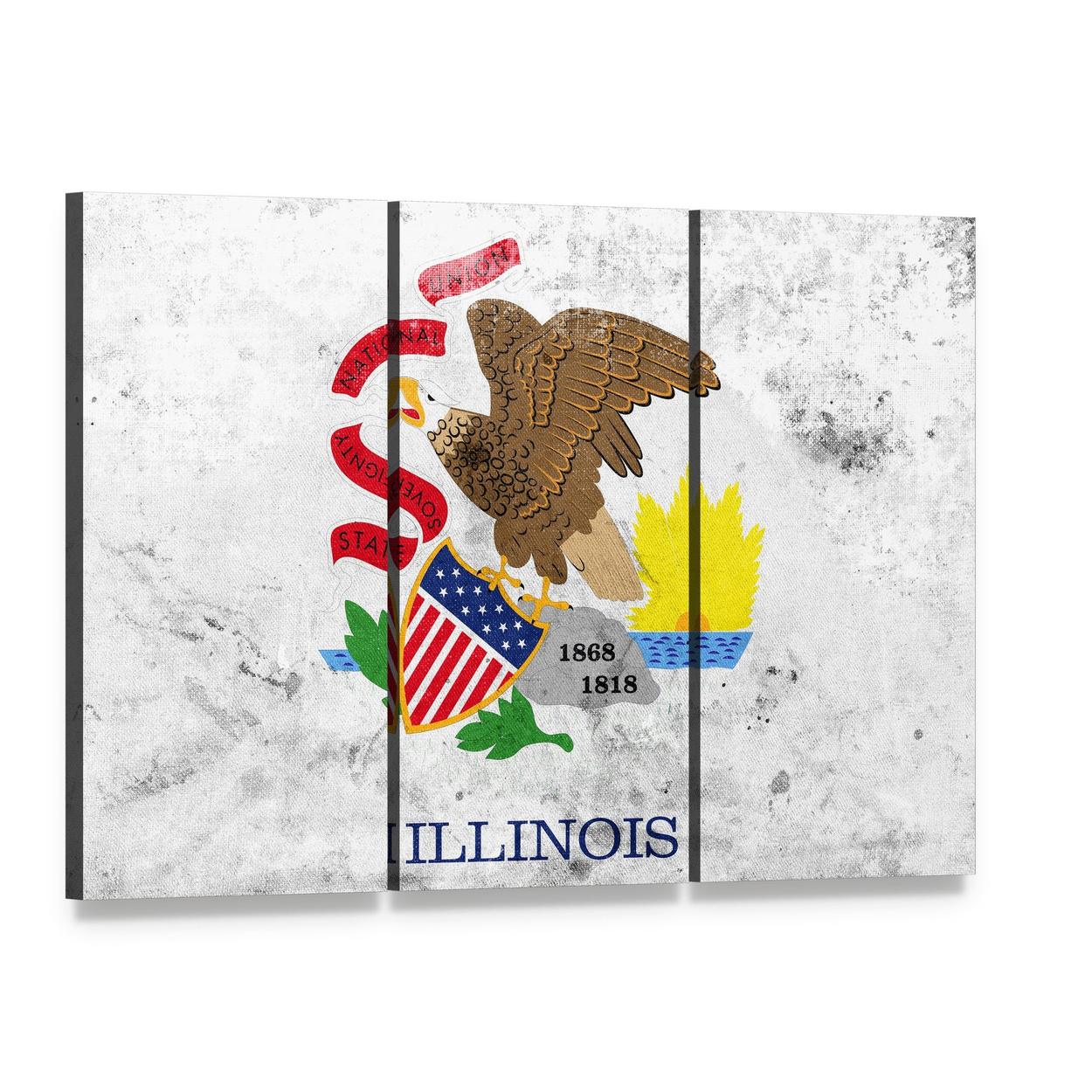 Illinois State Flag with Grungy Texture Canvas Wall Art, 3 panel 3 Horizontal layout gallery wrapped canvas set, angled product view