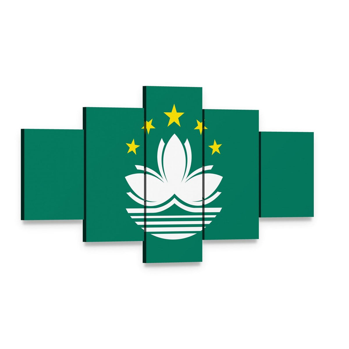 Macau Flag with Lotus and Stars Canvas Wall Art, 5 panel 5 Star layout gallery wrapped canvas set, angled product view