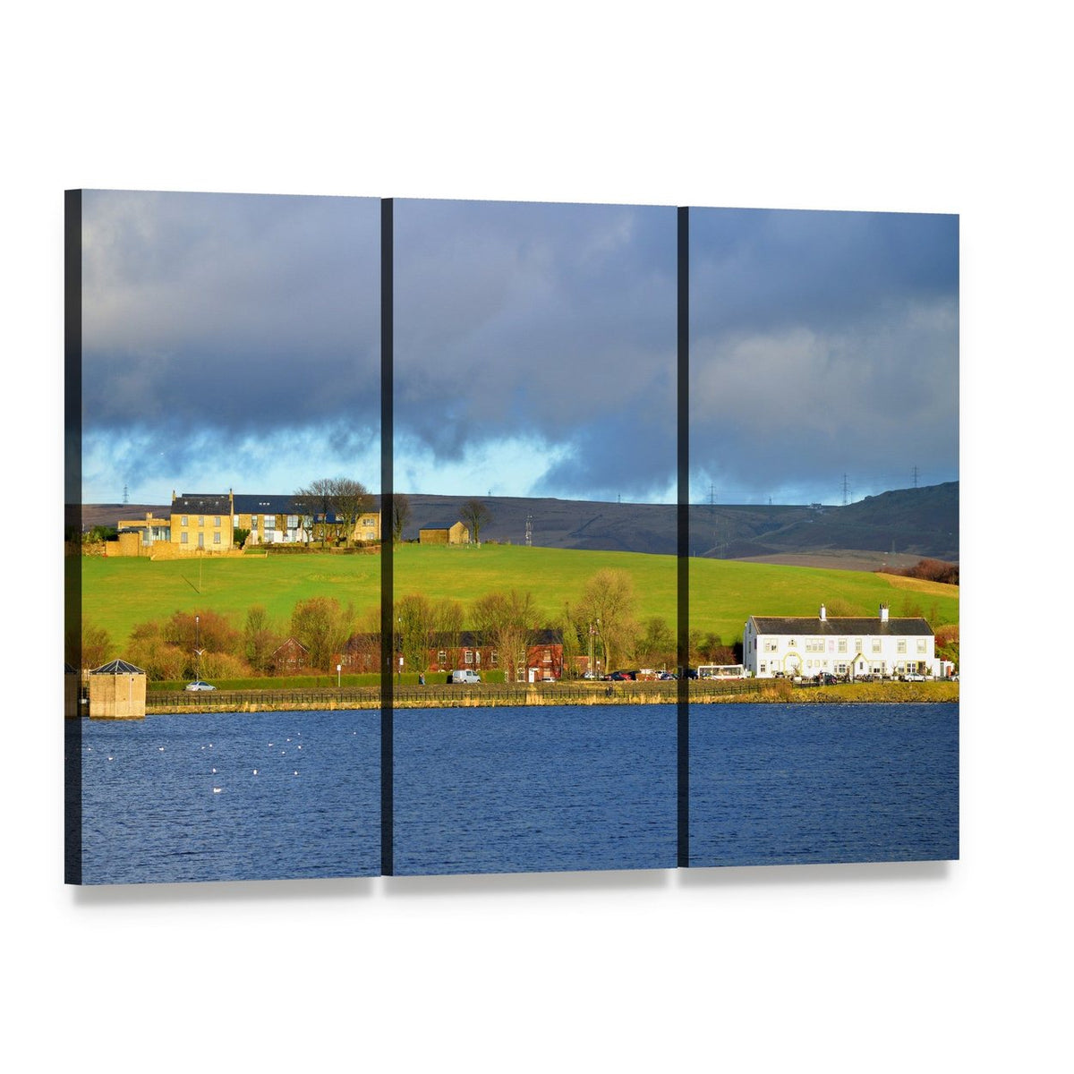 Hollingworth Lake with Hilltop Houses Canvas Wall Art, 3 panel 3 Horizontal layout gallery wrapped canvas set, angled product view