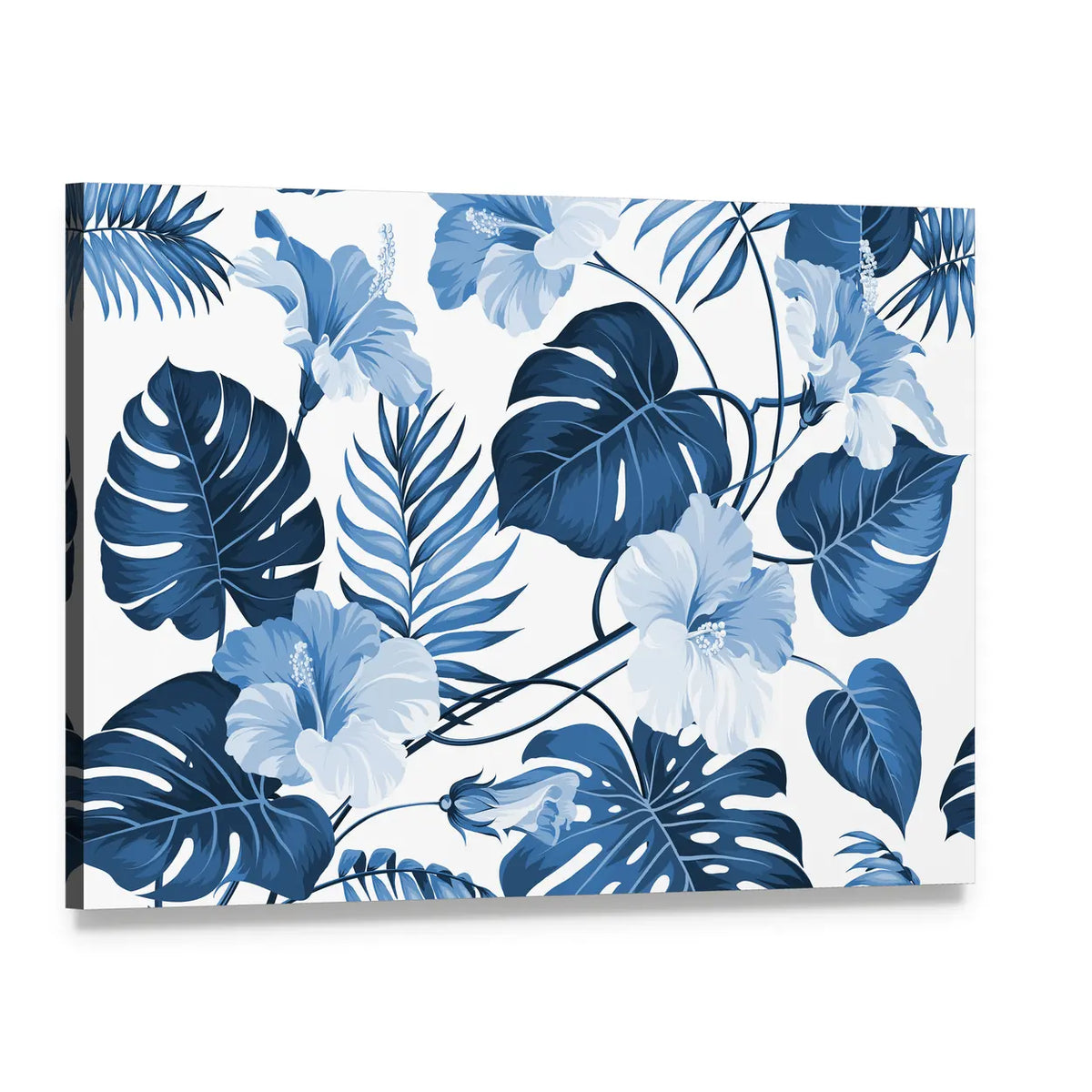 Navy Blue Tropical Leaves Pattern Canvas Wall Art, single panel gallery wrapped canvas, angled product view