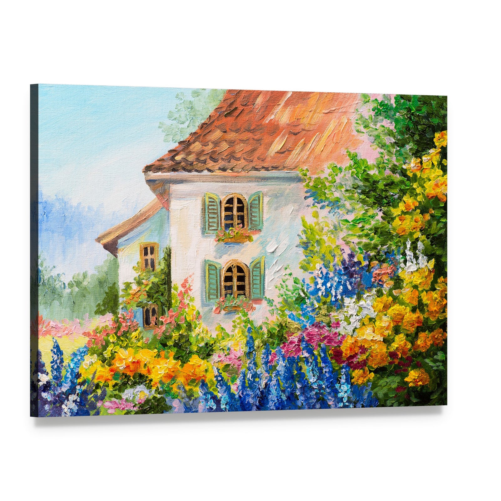 Abstract House in Flower Garden Canvas Wall Art, single panel gallery wrapped canvas, angled product view