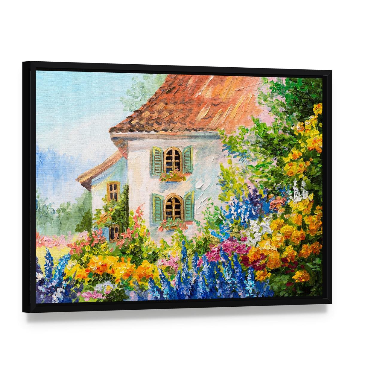 Abstract House in Flower Garden Canvas Wall Art, framed canvas in a black floater frame, angled product view