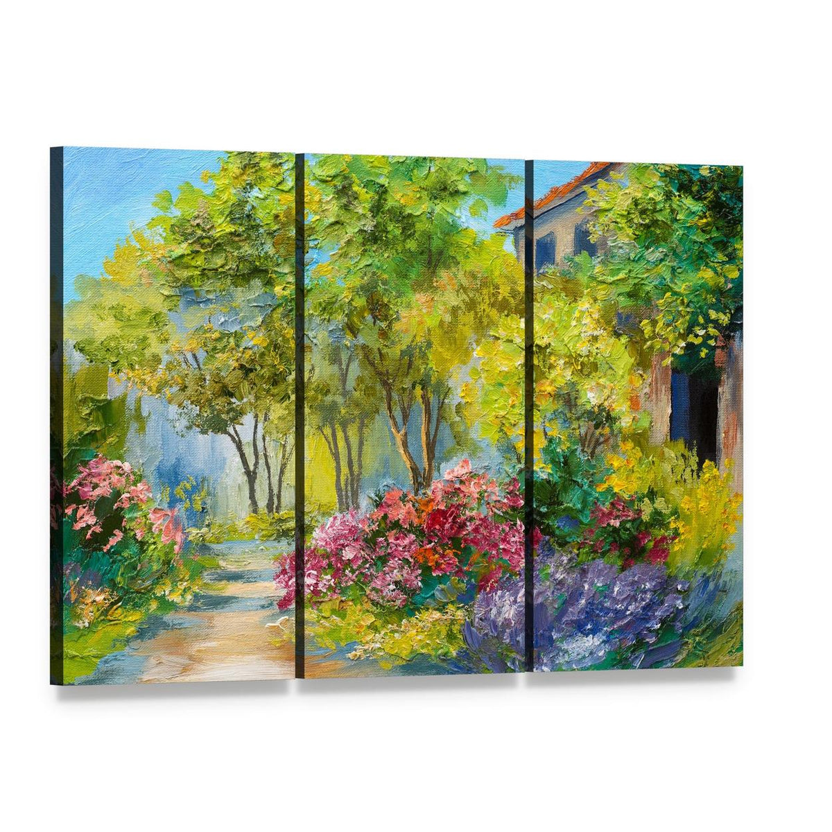 House in Summer Forest Canvas Wall Art, 3 panel 3 Horizontal layout gallery wrapped canvas set, angled product view