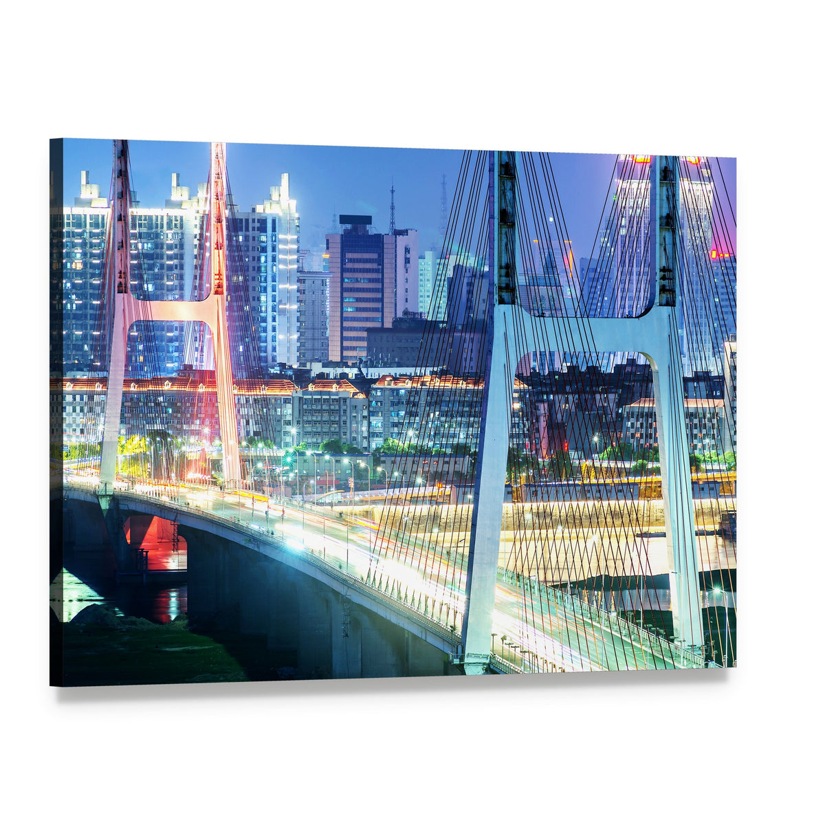 Illuminated Bridge Over Shanghai's Night Skyline Canvas Wall Art, single panel gallery wrapped canvas, angled product view