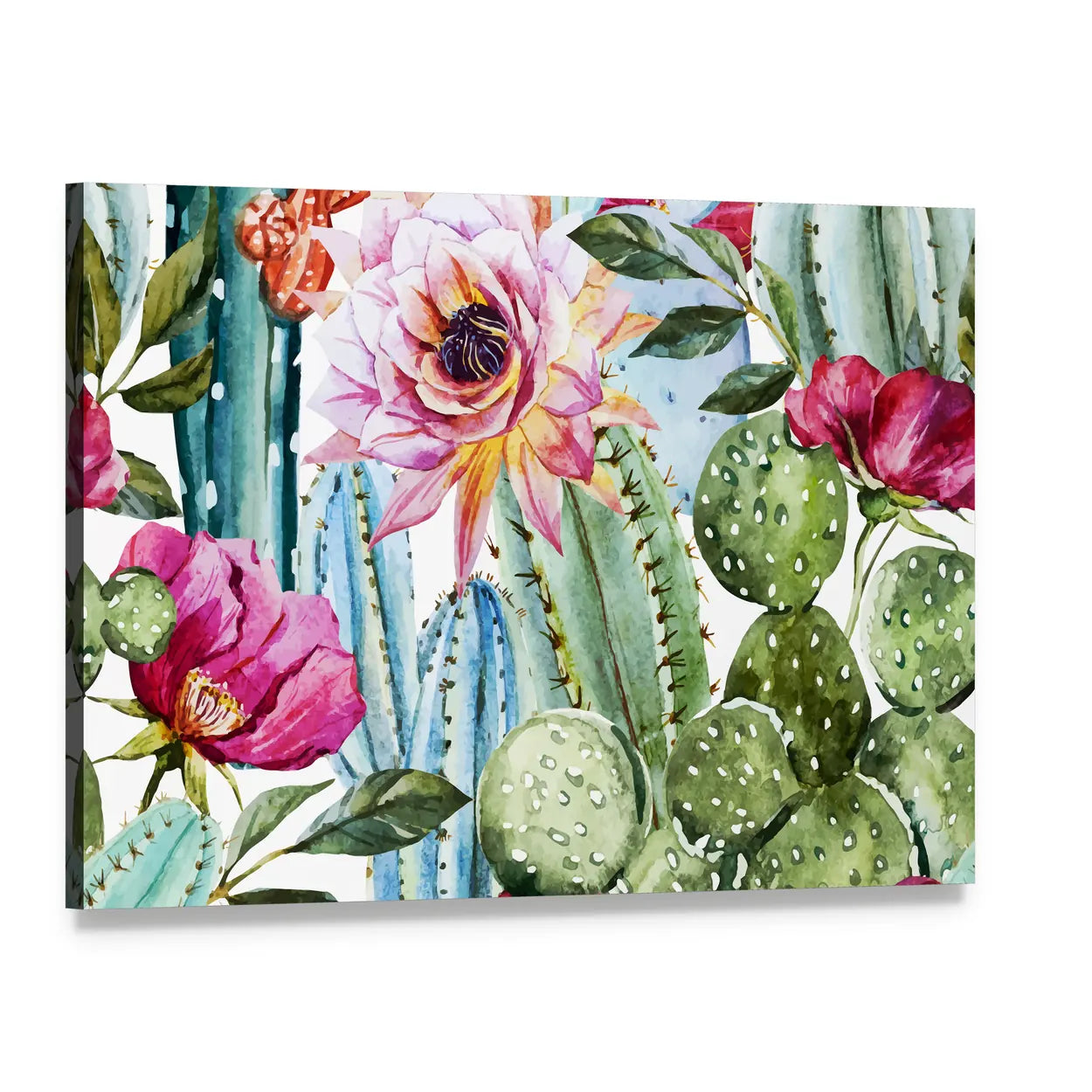 Watercolor Cactus Pattern with Pink Blooms Canvas Wall Art, single panel gallery wrapped canvas, angled product view