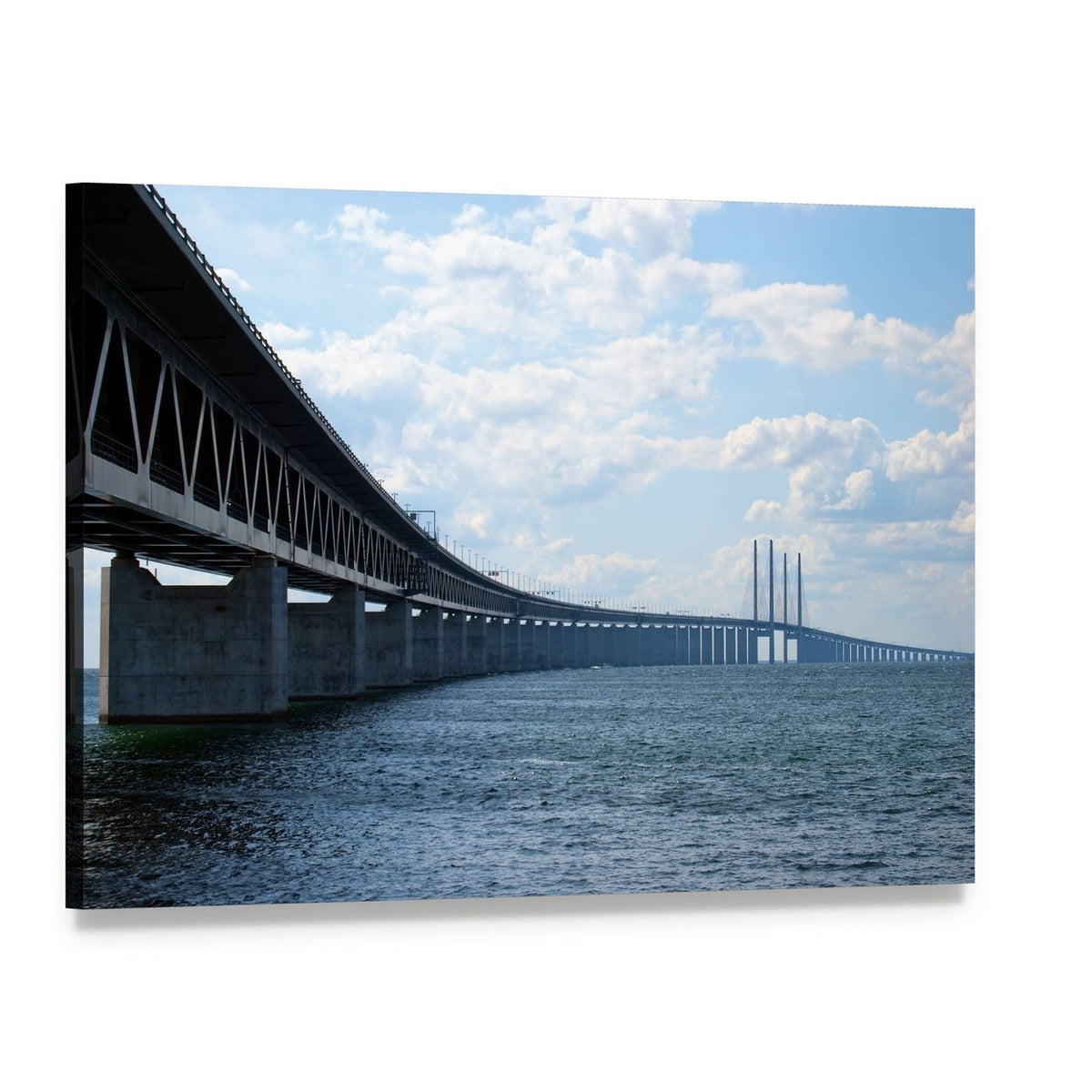 Oresundsbron Bridge Over Ocean Canvas Wall Art, single panel gallery wrapped canvas, angled product view