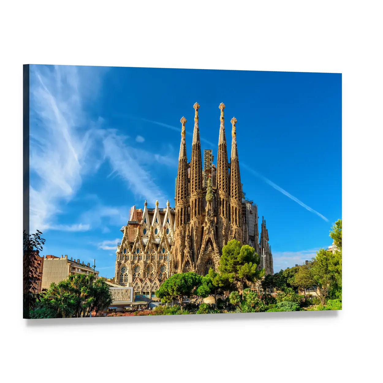 La Sagrada Familia Cathedral Spires Canvas Wall Art, single panel gallery wrapped canvas, angled product view