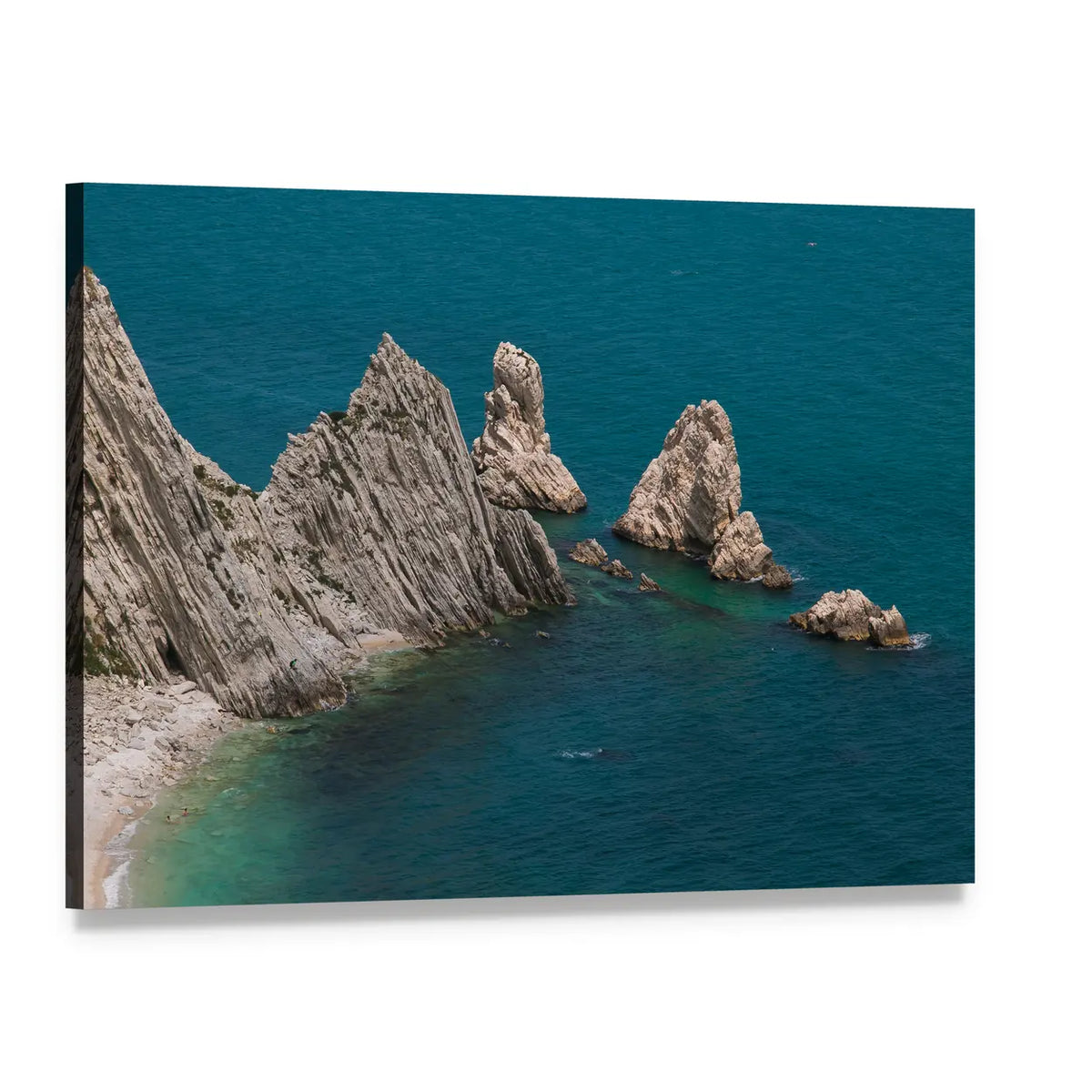 Two Sisters Sea Stacks Over Turquoise Water Canvas Wall Art, single panel gallery wrapped canvas, angled product view