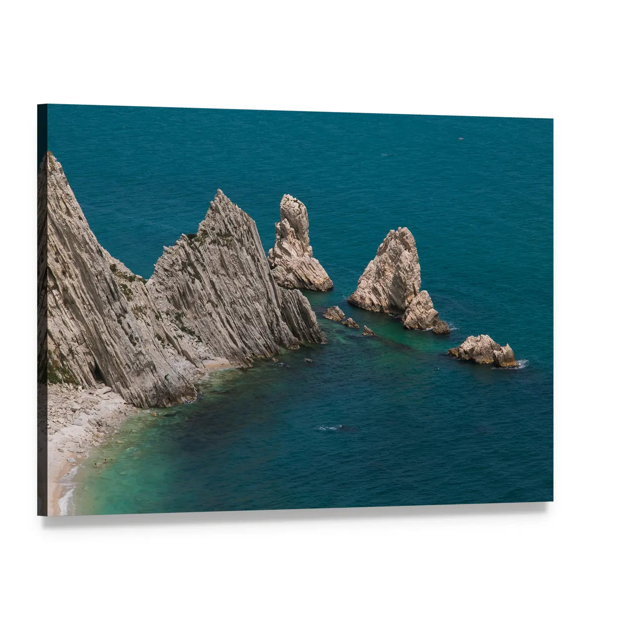 Two Sisters Sea Stacks Over Turquoise Water Canvas Wall Art, single panel gallery wrapped canvas, angled product view