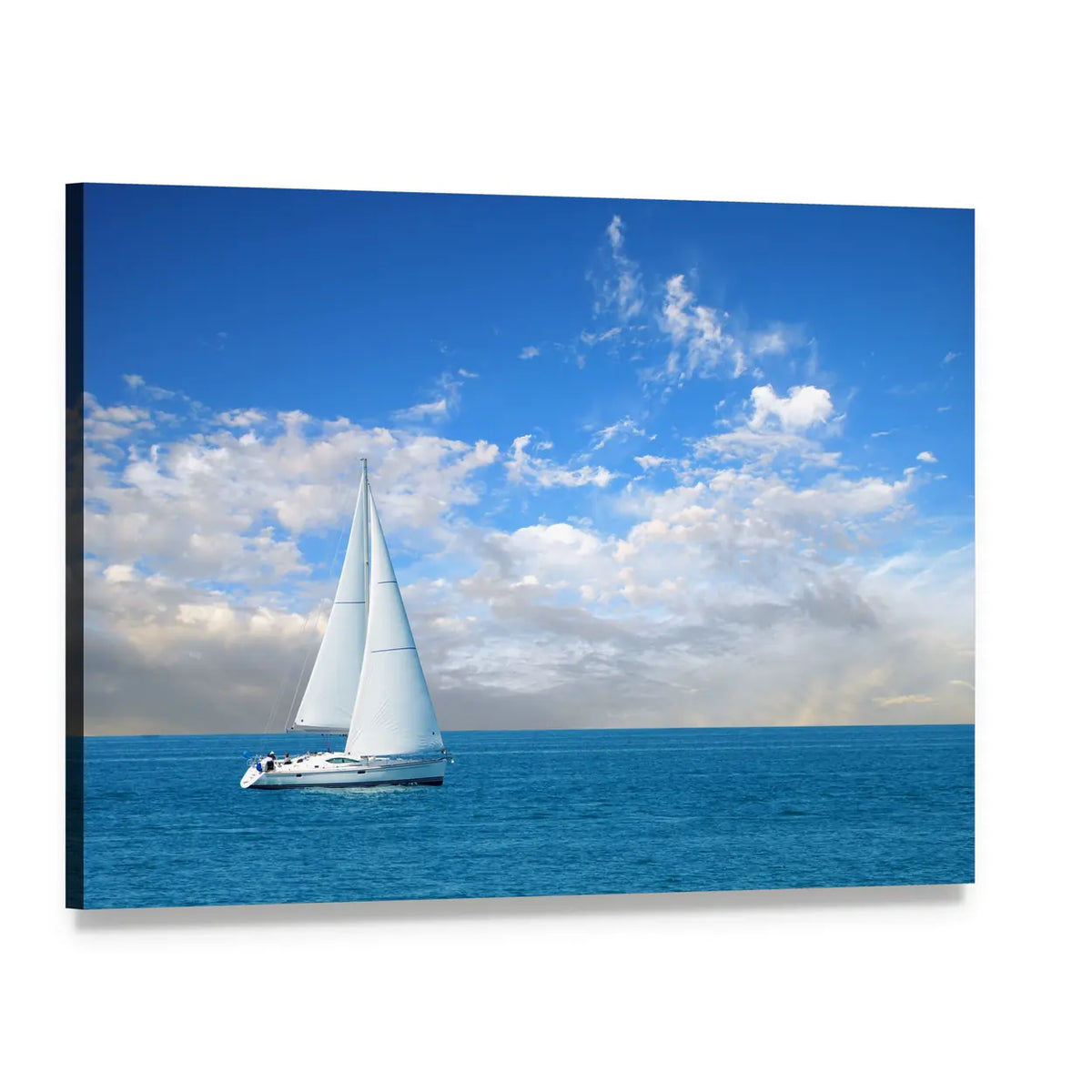 Modern Sailboat on Deep Blue Sea Canvas Wall Art, single panel gallery wrapped canvas, angled product view