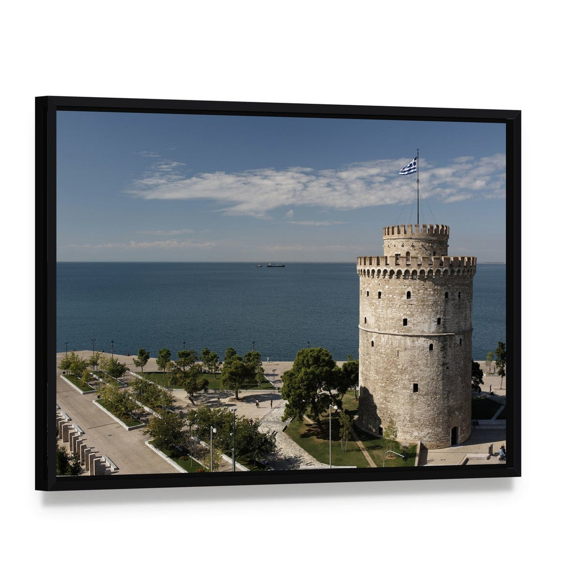 White Tower at Thessaloniki Seaside Canvas Wall Art, framed canvas in a black floater frame, angled product view