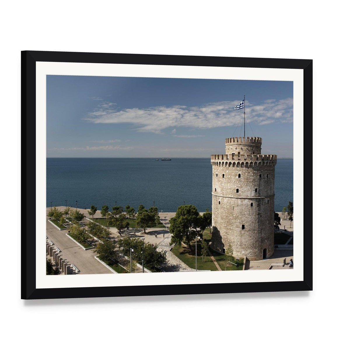 White Tower at Thessaloniki Seaside Canvas Wall Art, framed print with white mat and black frame, angled product view