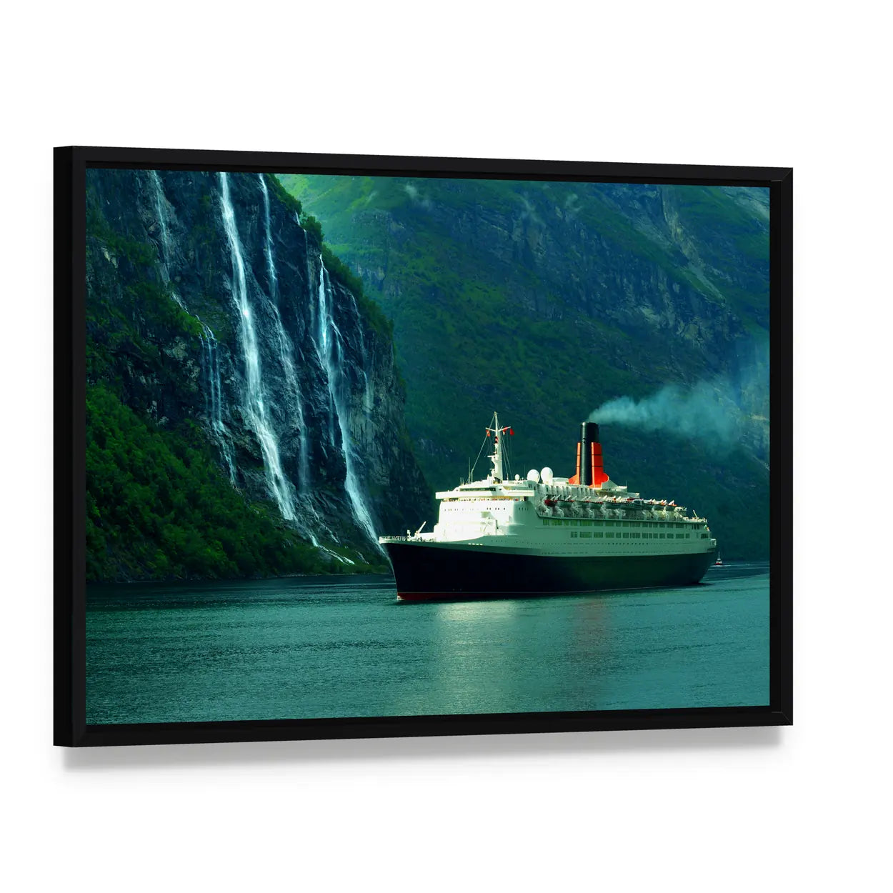 Queen Elizabeth II Cruise Ship Sailing In The Ocean Canvas Wall Art, framed canvas in a black floater frame, angled product view