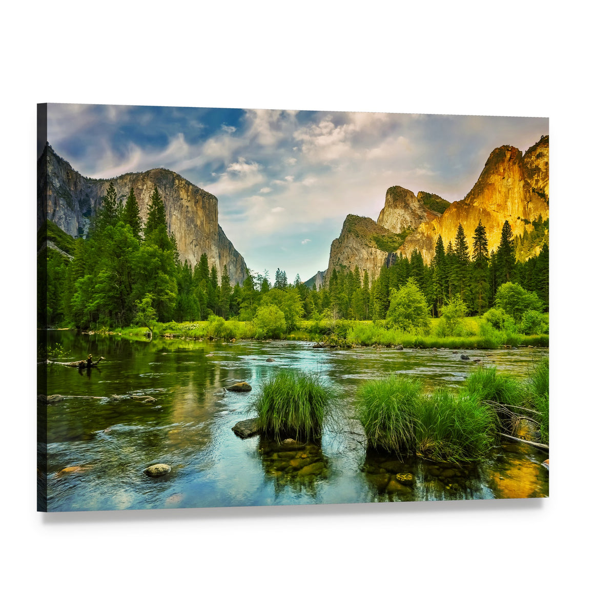 Yosemite Stream Flowing Through Rocky Landscape Canvas Wall Art, single panel gallery wrapped canvas, angled product view