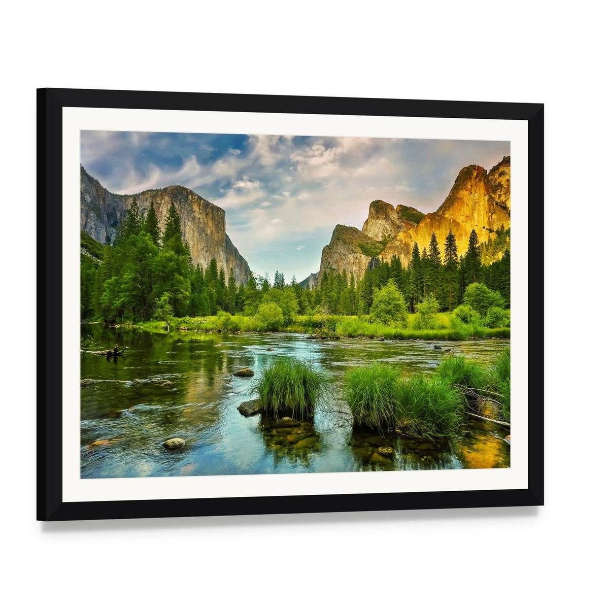 Yosemite Stream Flowing Through Rocky Landscape Canvas Wall Art, framed print with white mat and black frame, angled product view