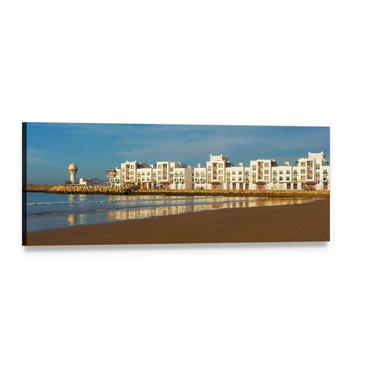 Agadir Coastal Reflections Panoramic Canvas Wall Art, single panel gallery wrapped canvas, angled product view