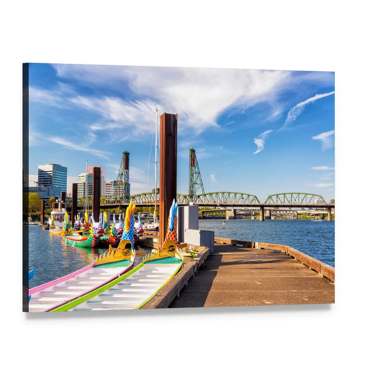 Dragon Boats by Truss Bridge Canvas Wall Art, single panel gallery wrapped canvas, angled product view