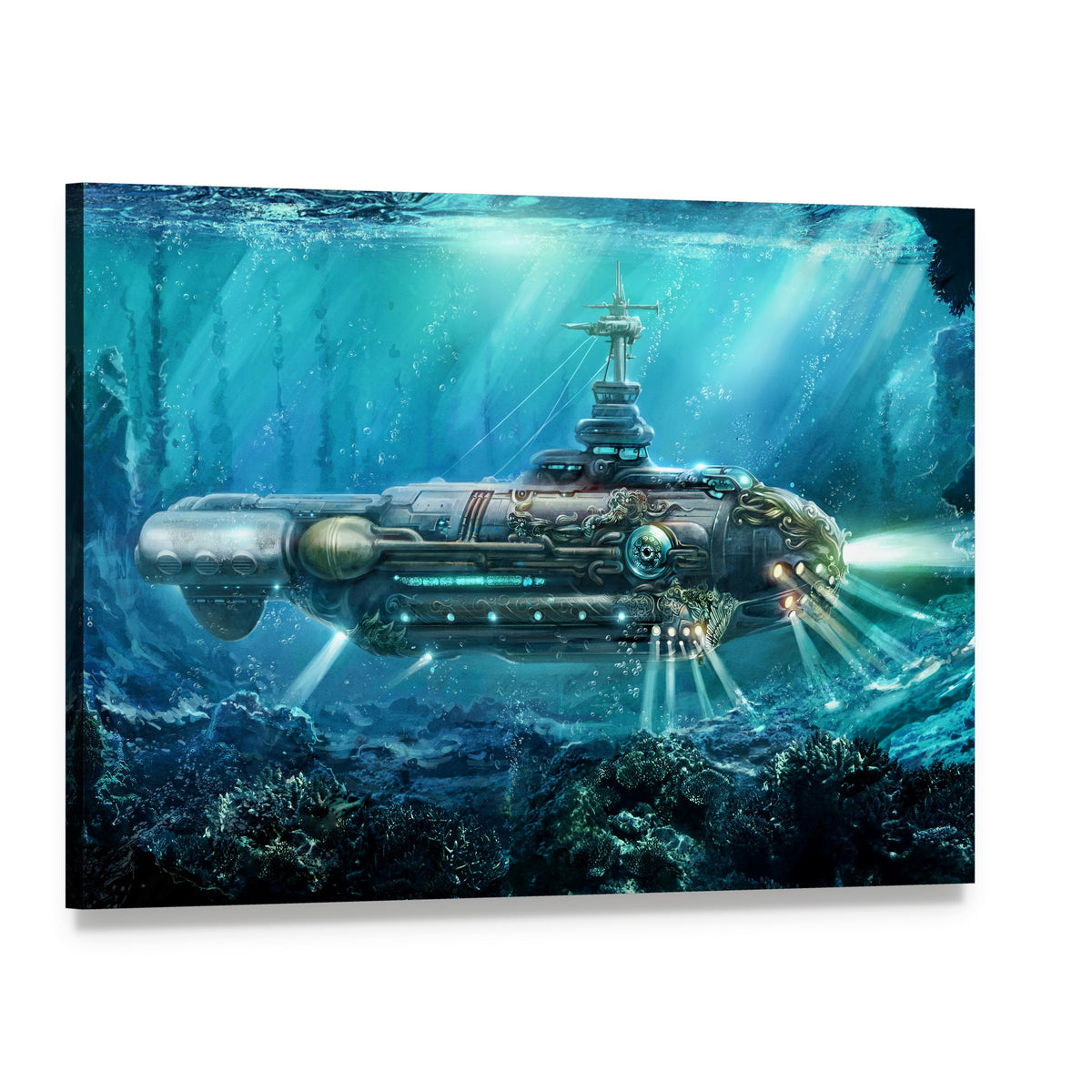 Glowing Alien Submarine Over Coral Reef Canvas Wall Art, single panel gallery wrapped canvas, angled product view
