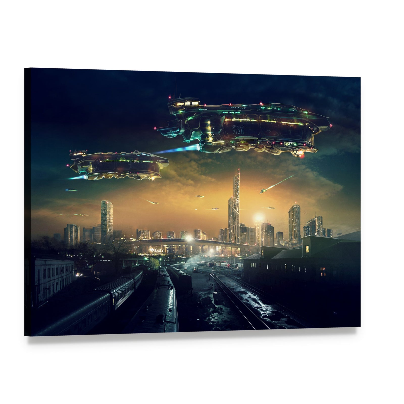 Hovering Vehicles Over Futuristic City and Train Tracks Canvas Wall Art, single panel gallery wrapped canvas, angled product view