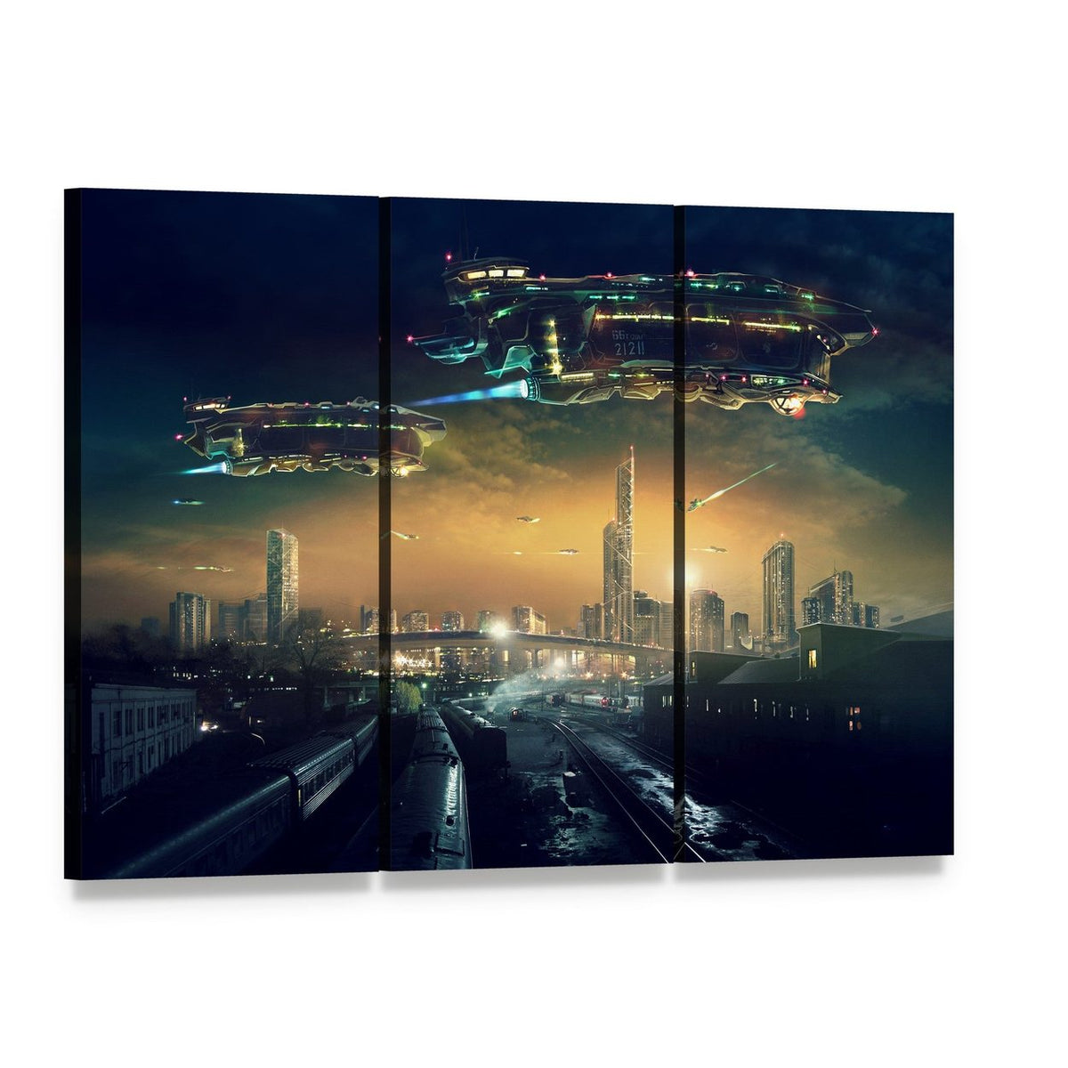 Hovering Vehicles Over Futuristic City and Train Tracks Canvas Wall Art, 3 panel 3 Horizontal layout gallery wrapped canvas set, angled product view