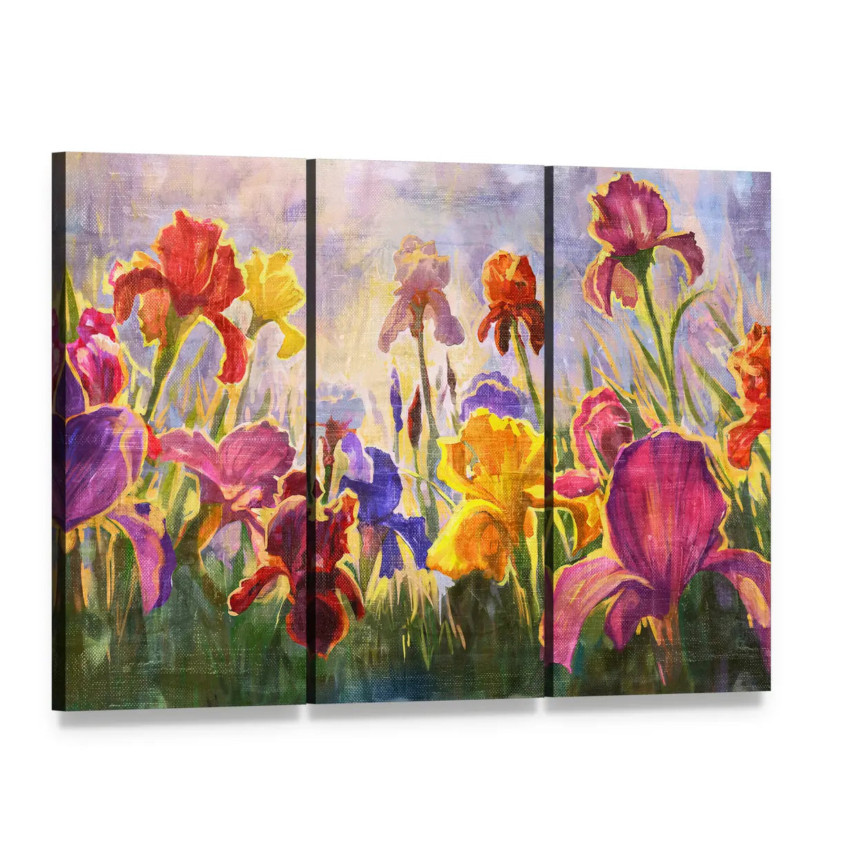Vibrant Iris Flower Illustration Canvas Wall Art, 3 panel 3 Horizontal layout gallery wrapped canvas set, angled product view