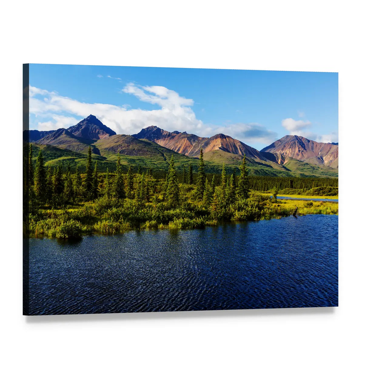 Alaska Mountains and Lake in Summer Canvas Wall Art, single panel gallery wrapped canvas, angled product view