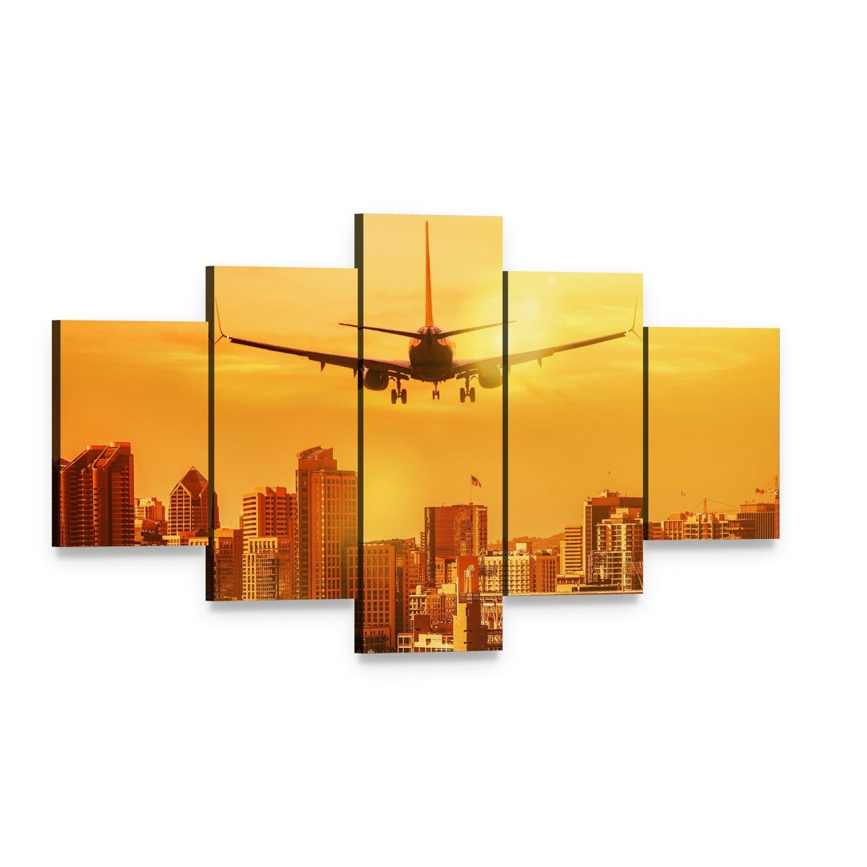Airplane Flying Towards City Skyline Canvas Wall Art, 5 panel 5 Star layout gallery wrapped canvas set, angled product view