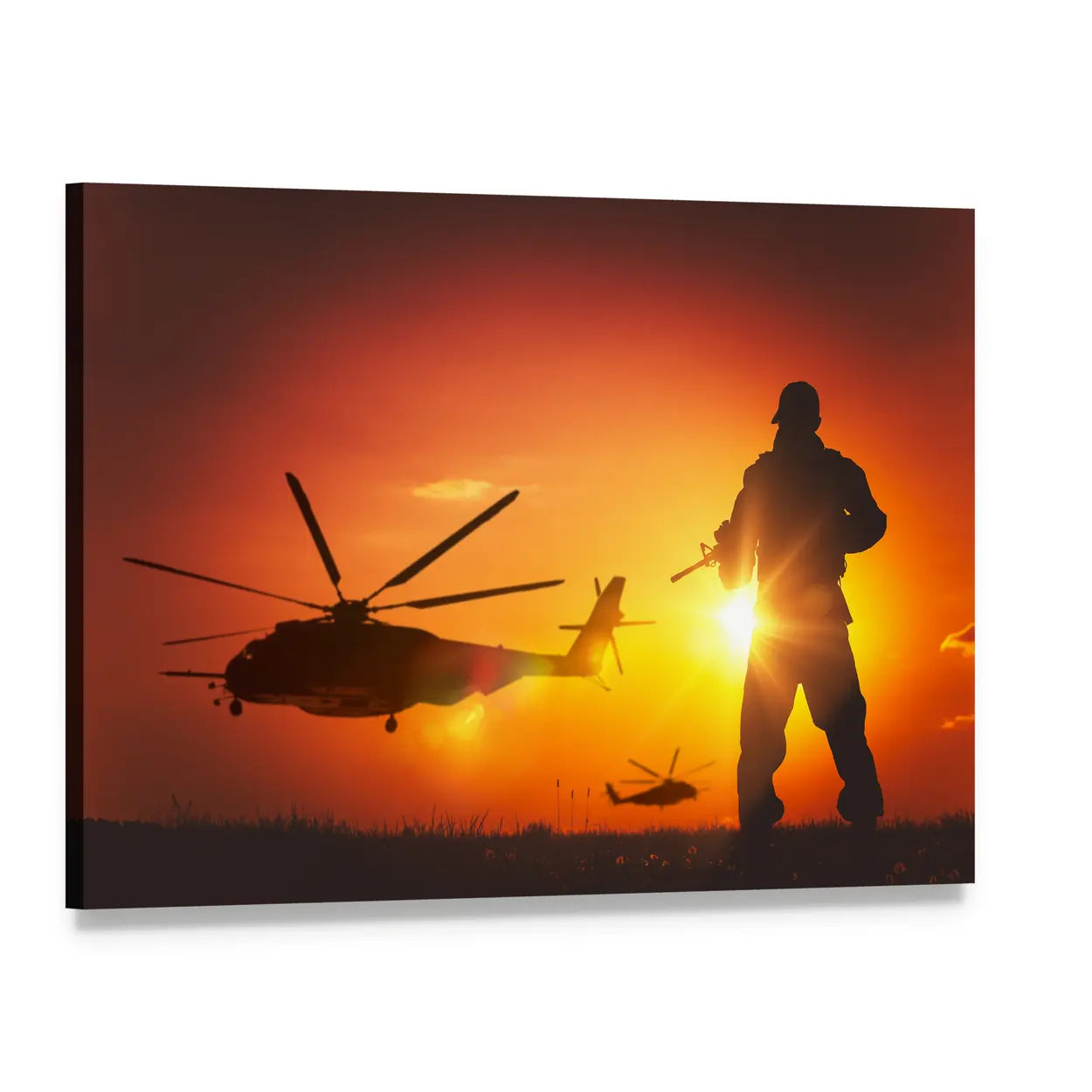 Soldier Silhouette at Sunset Canvas Wall Art, single panel gallery wrapped canvas, angled product view