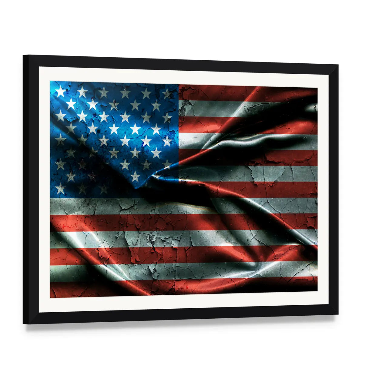 Vintage American Flag Canvas Wall Art, framed print with white mat and black frame, angled product view