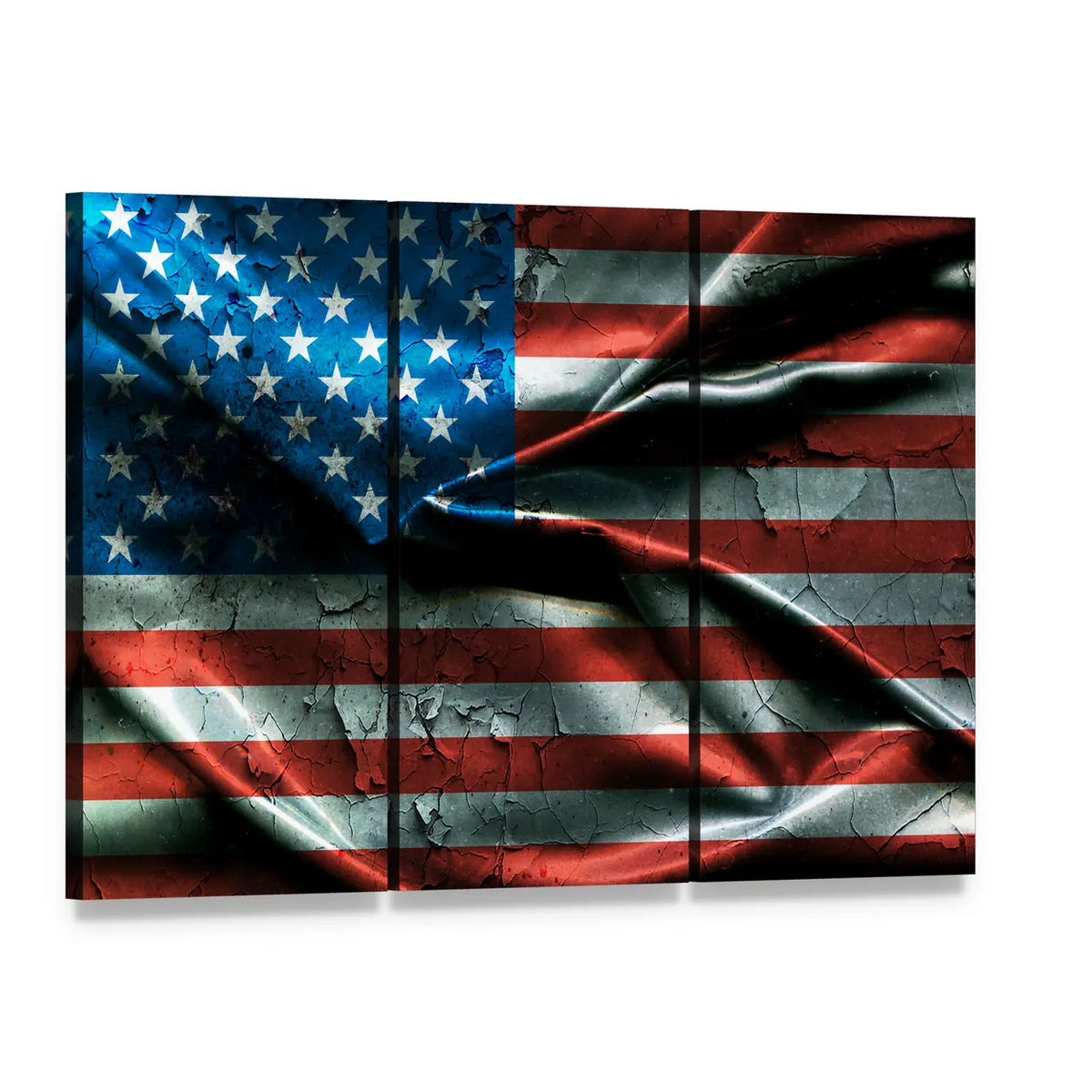 Vintage American Flag Canvas Wall Art, 3 panel 3 Horizontal layout gallery wrapped canvas set, angled product view