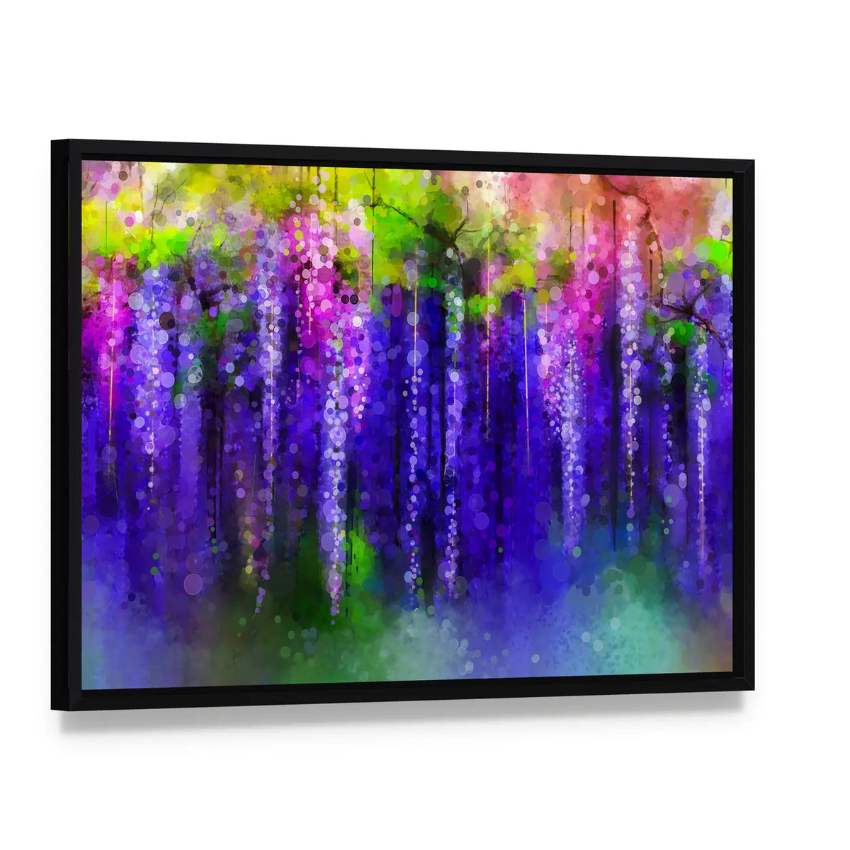Wisteria Purple Flowers In Spring Canvas Wall Art, framed canvas in a black floater frame, angled product view