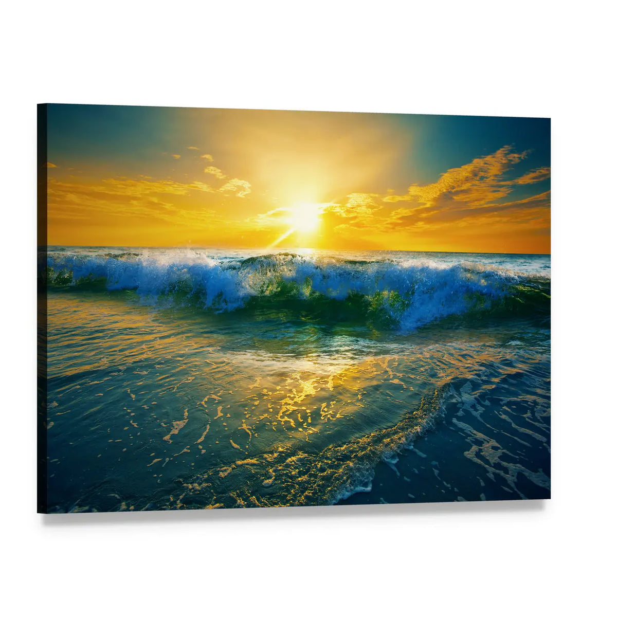 Sunrise Crashing Ocean Wave Canvas Wall Art, single panel gallery wrapped canvas, angled product view